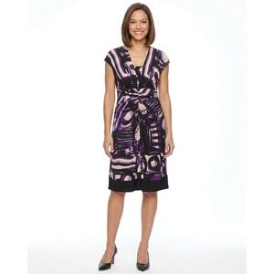 Jones New York Dress Womens 14 Purple Black Abstract Geometric Ruched‎ Sheath